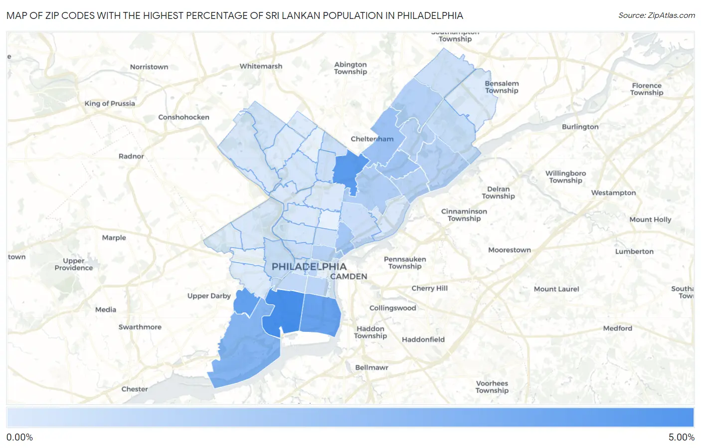 Zip Codes with the Highest Percentage of Sri Lankan Population in Philadelphia Map