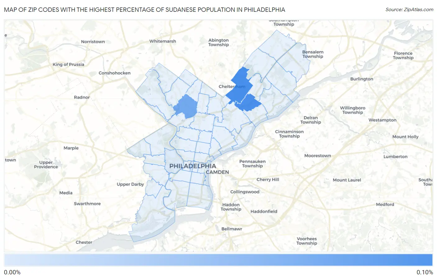 Zip Codes with the Highest Percentage of Sudanese Population in Philadelphia Map