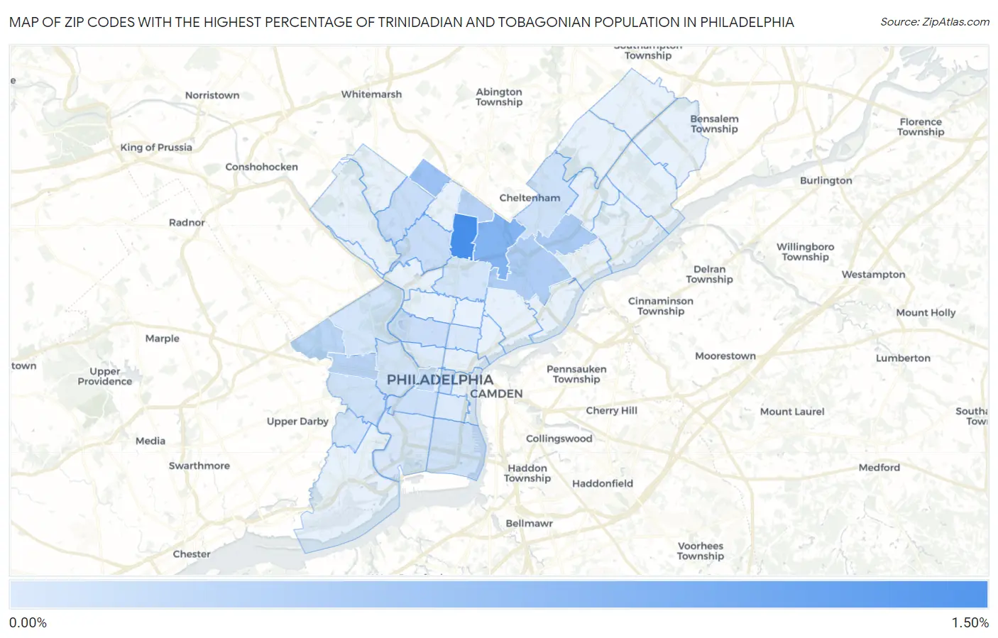 Zip Codes with the Highest Percentage of Trinidadian and Tobagonian Population in Philadelphia Map