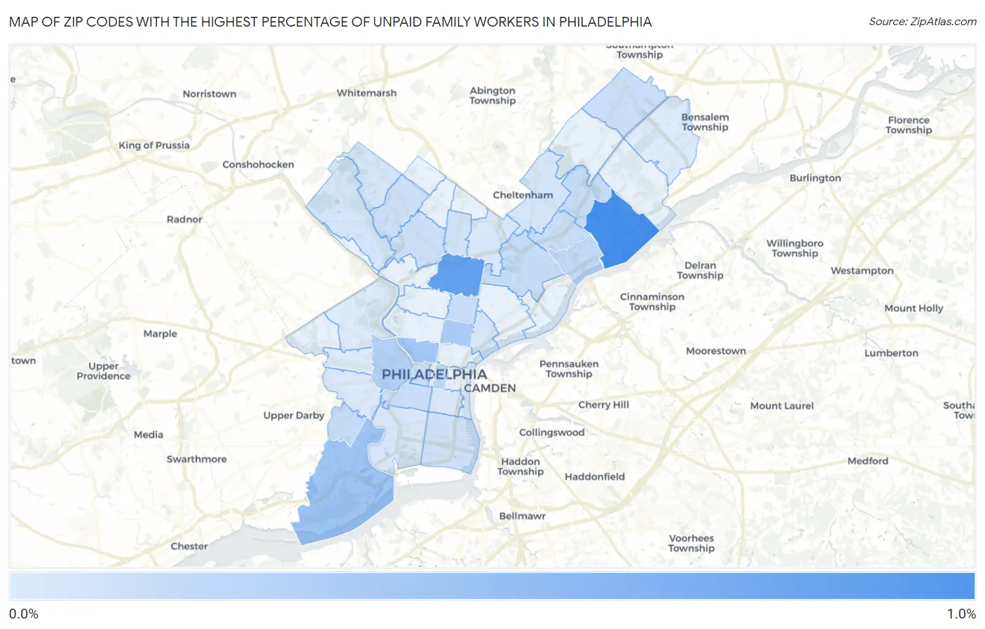Zip Codes with the Highest Percentage of Unpaid Family Workers in Philadelphia Map