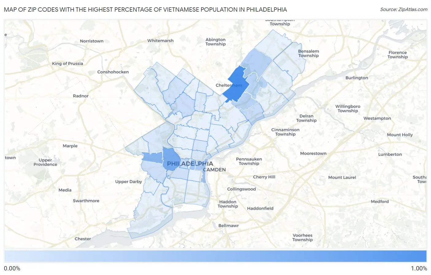 Zip Codes with the Highest Percentage of Vietnamese Population in Philadelphia Map