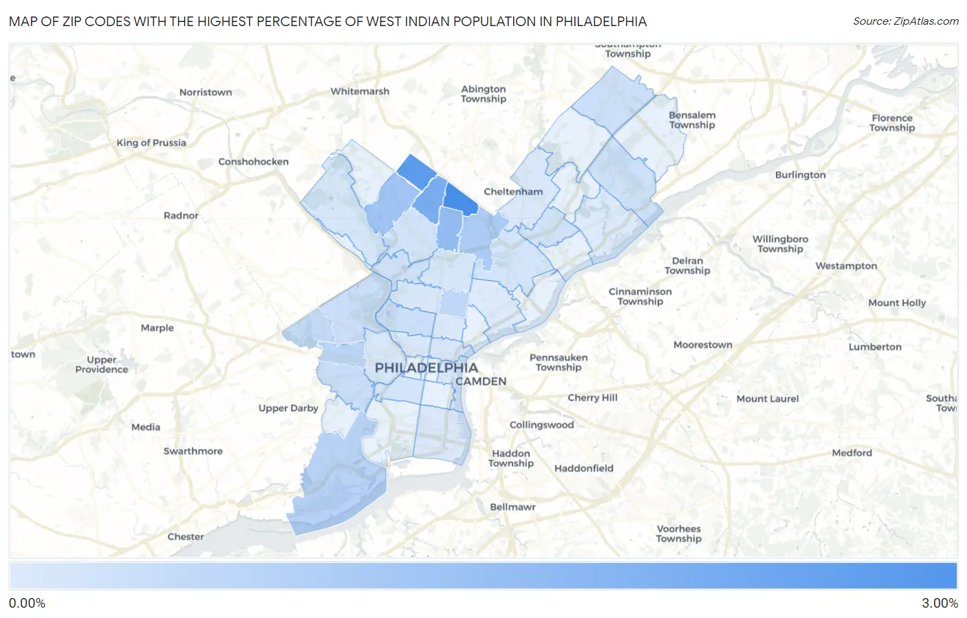 Zip Codes with the Highest Percentage of West Indian Population in Philadelphia Map