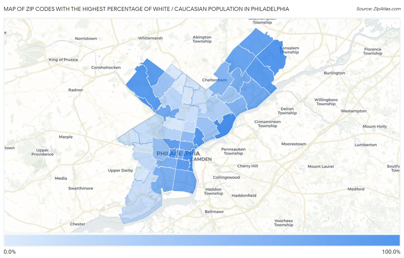 Zip Codes with the Highest Percentage of White / Caucasian Population in Philadelphia Map
