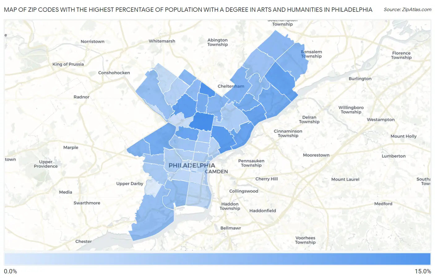 Zip Codes with the Highest Percentage of Population with a Degree in Arts and Humanities in Philadelphia Map