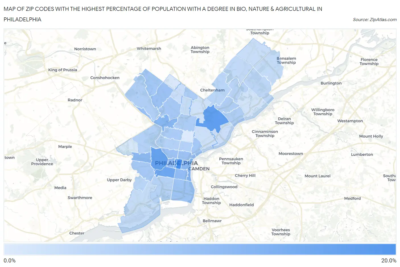 Zip Codes with the Highest Percentage of Population with a Degree in Bio, Nature & Agricultural in Philadelphia Map