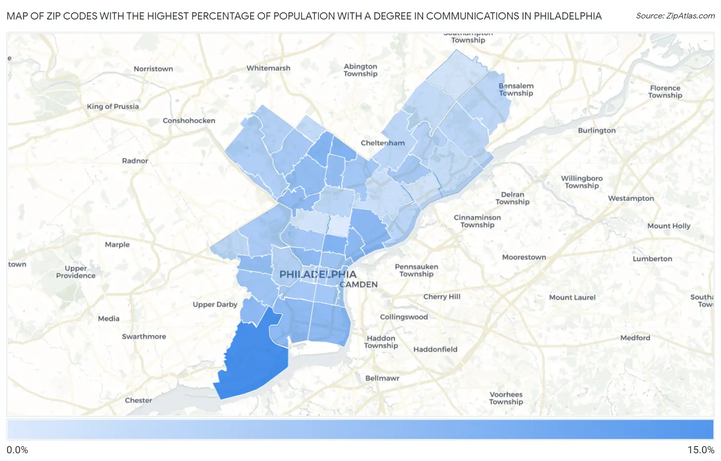 Zip Codes with the Highest Percentage of Population with a Degree in Communications in Philadelphia Map