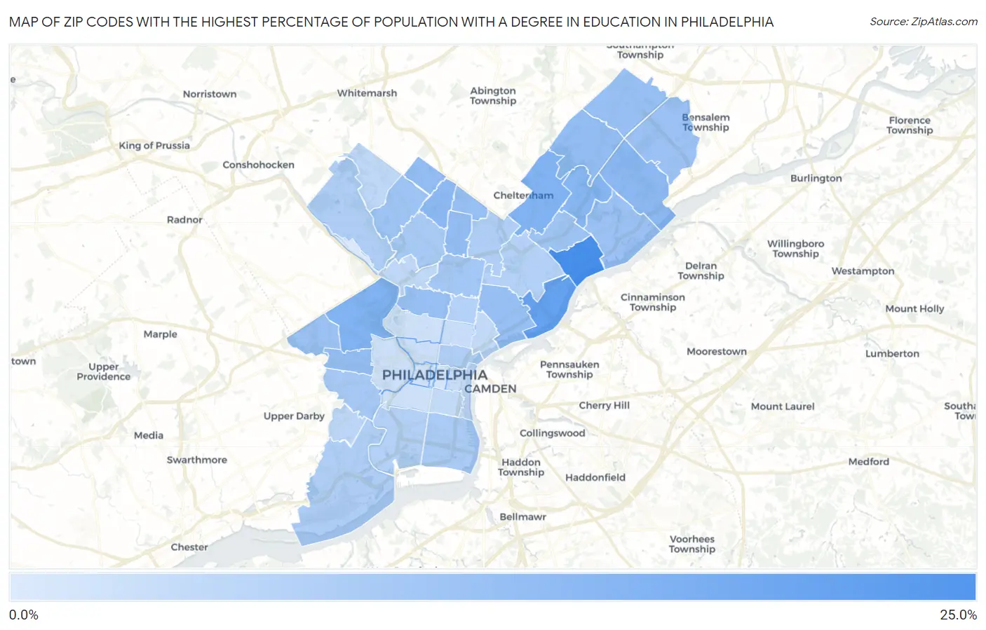 Zip Codes with the Highest Percentage of Population with a Degree in Education in Philadelphia Map