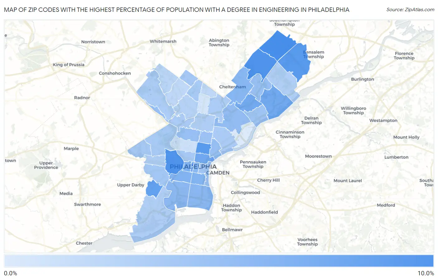 Zip Codes with the Highest Percentage of Population with a Degree in Engineering in Philadelphia Map