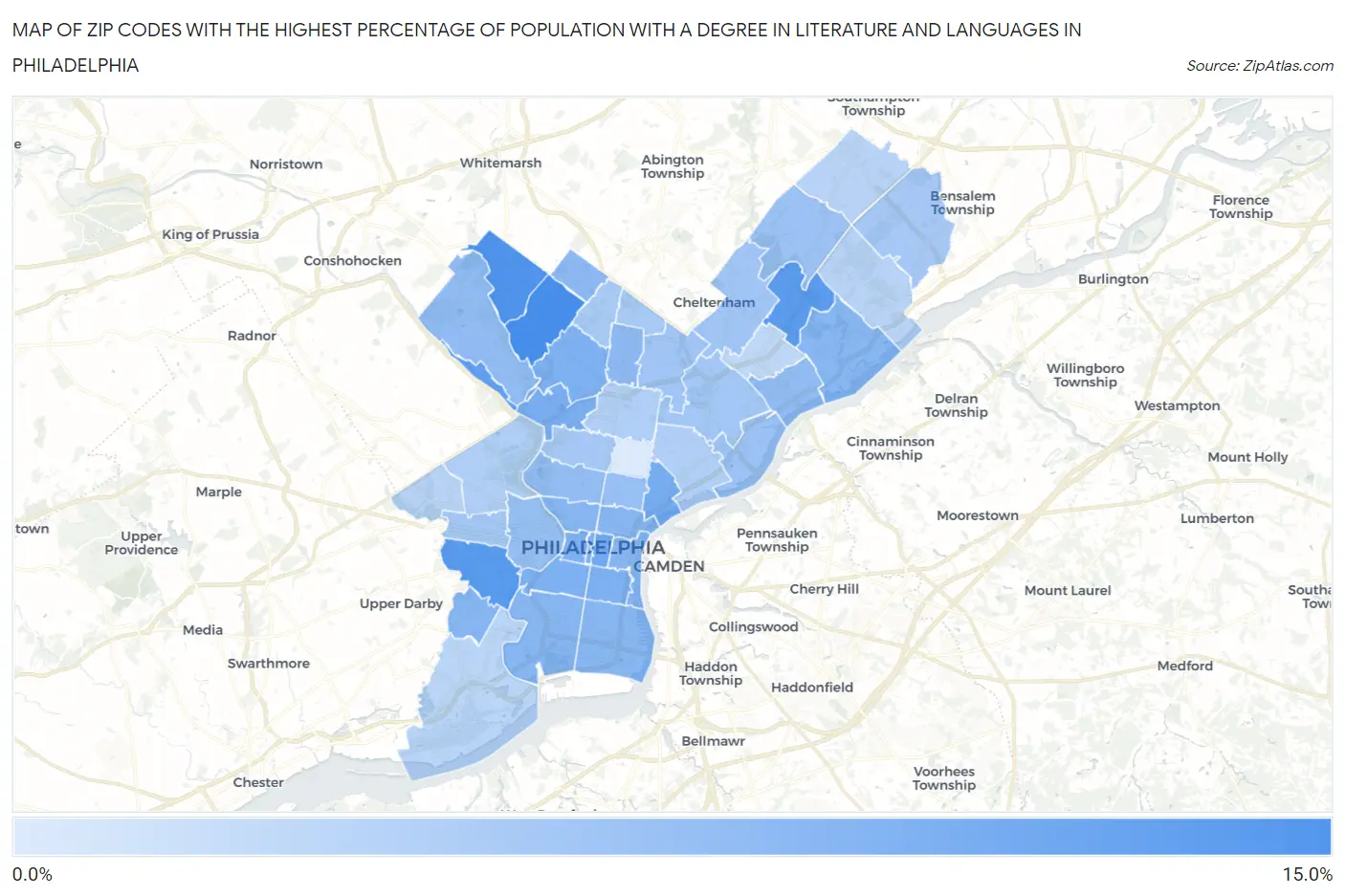 Zip Codes with the Highest Percentage of Population with a Degree in Literature and Languages in Philadelphia Map