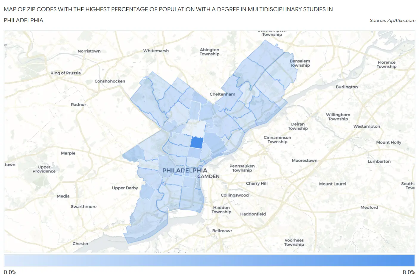 Zip Codes with the Highest Percentage of Population with a Degree in Multidisciplinary Studies in Philadelphia Map