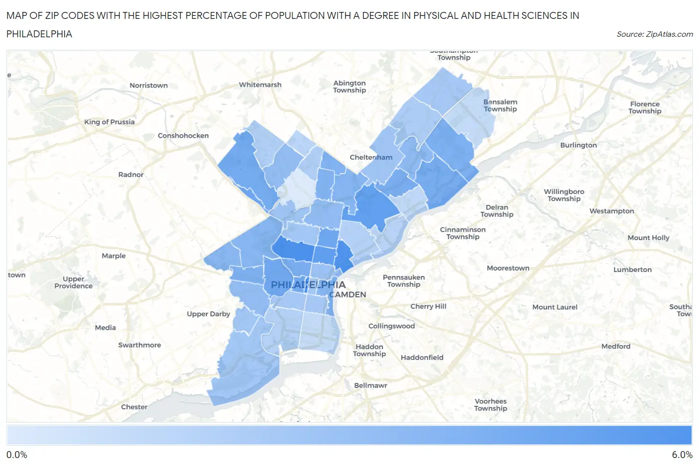 Zip Codes with the Highest Percentage of Population with a Degree in Physical and Health Sciences in Philadelphia Map