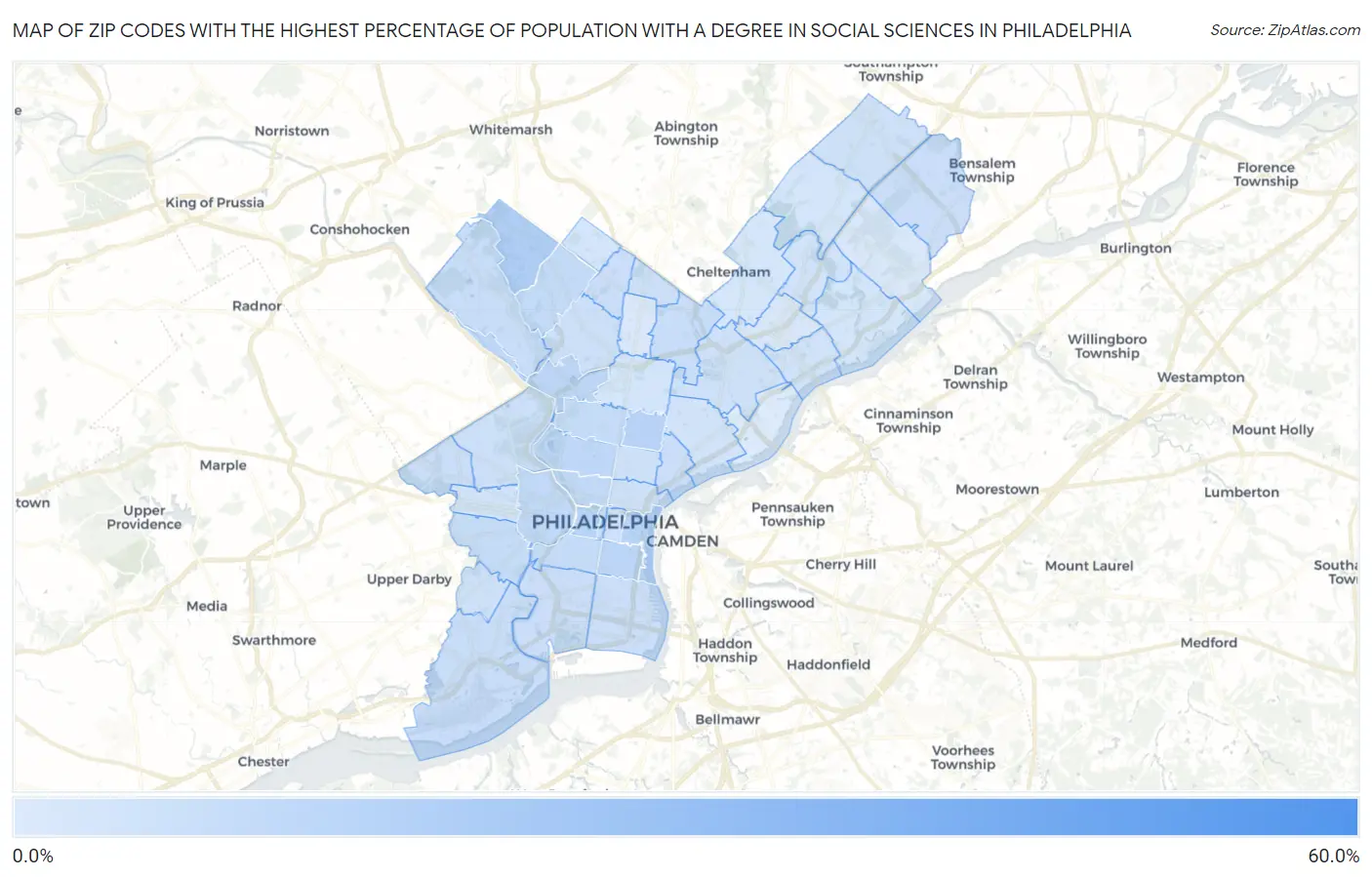 Zip Codes with the Highest Percentage of Population with a Degree in Social Sciences in Philadelphia Map