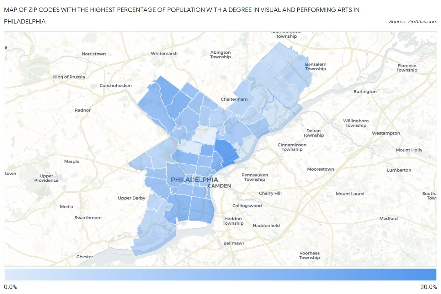 Zip Codes with the Highest Percentage of Population with a Degree in Visual and Performing Arts in Philadelphia Map