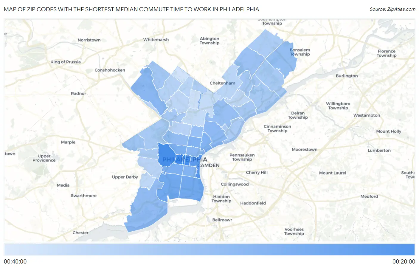 Zip Codes with the Shortest Median Commute Time to Work in Philadelphia Map
