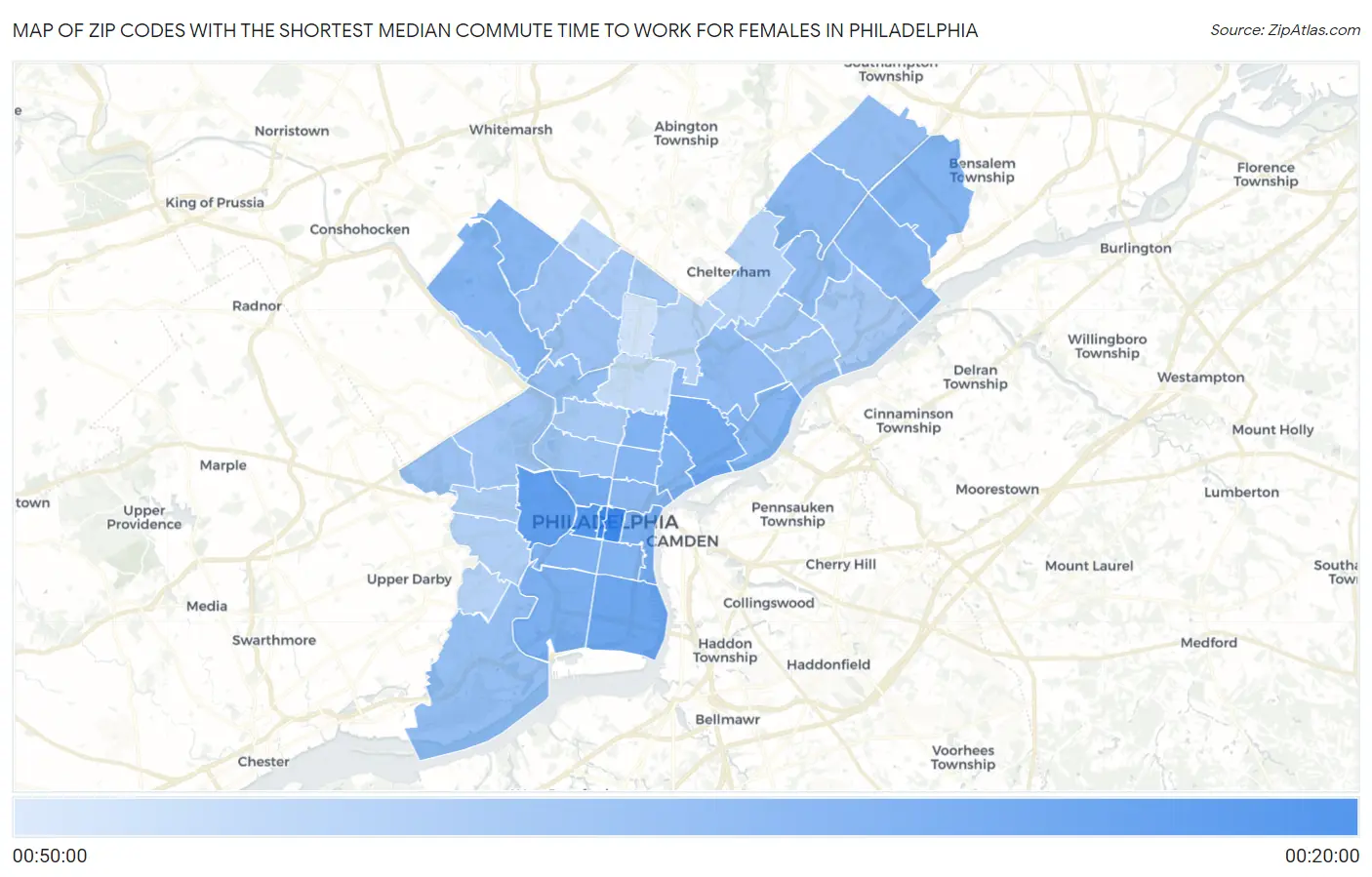 Zip Codes with the Shortest Median Commute Time to Work for Females in Philadelphia Map