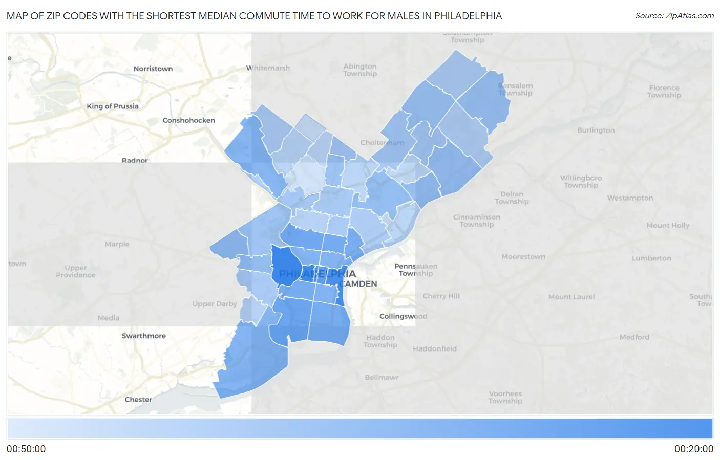 Zip Codes with the Shortest Median Commute Time to Work for Males in Philadelphia Map