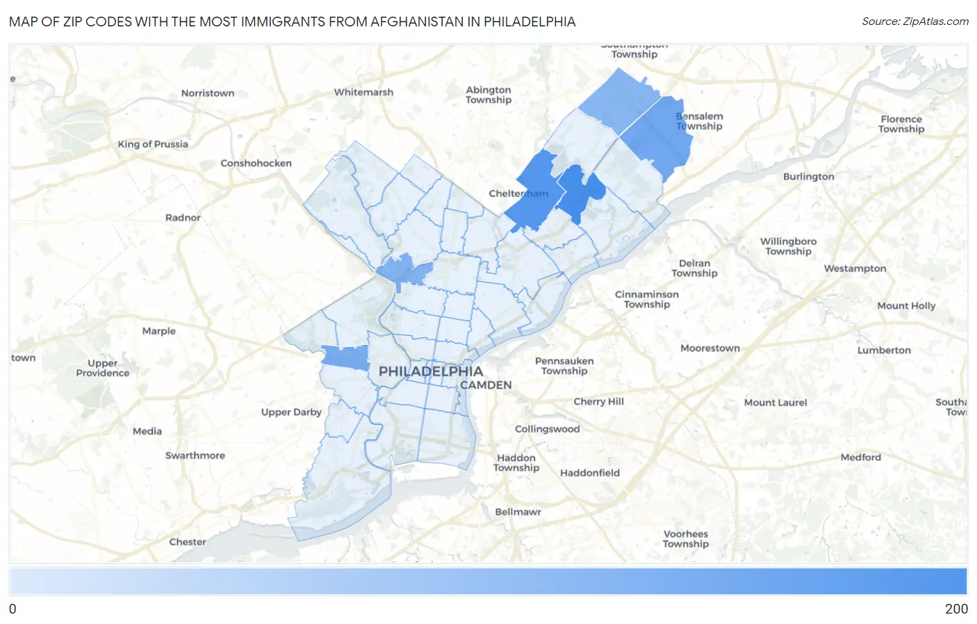 Zip Codes with the Most Immigrants from Afghanistan in Philadelphia Map