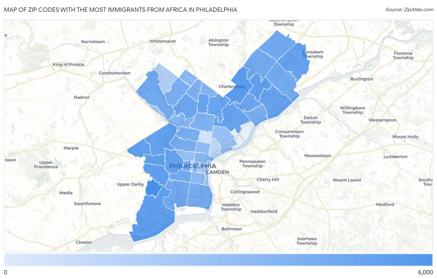 Zip Codes with the Most Immigrants from Africa in Philadelphia Map