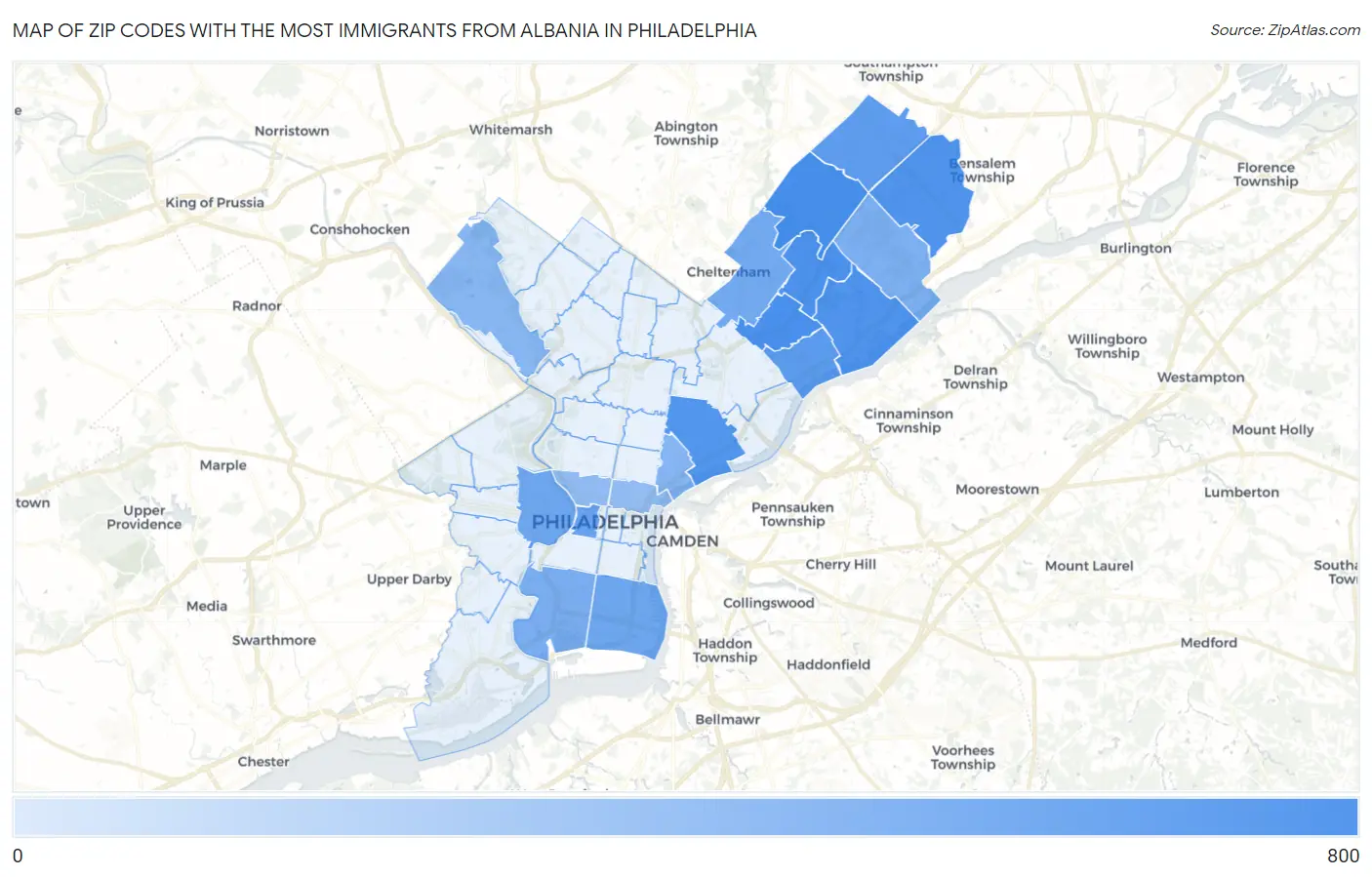 Zip Codes with the Most Immigrants from Albania in Philadelphia Map