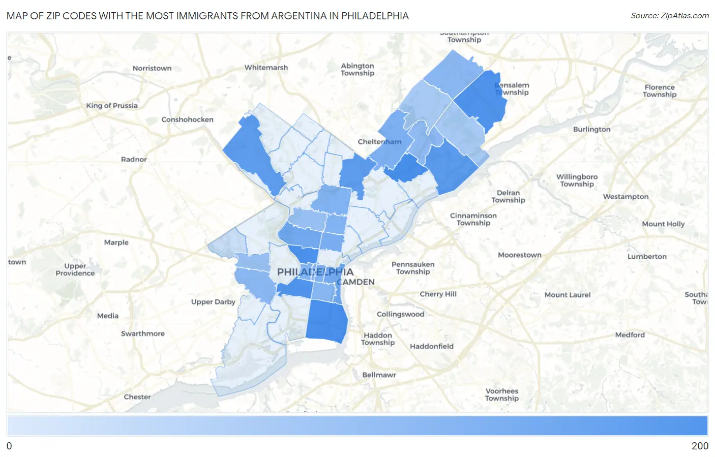 Zip Codes with the Most Immigrants from Argentina in Philadelphia Map