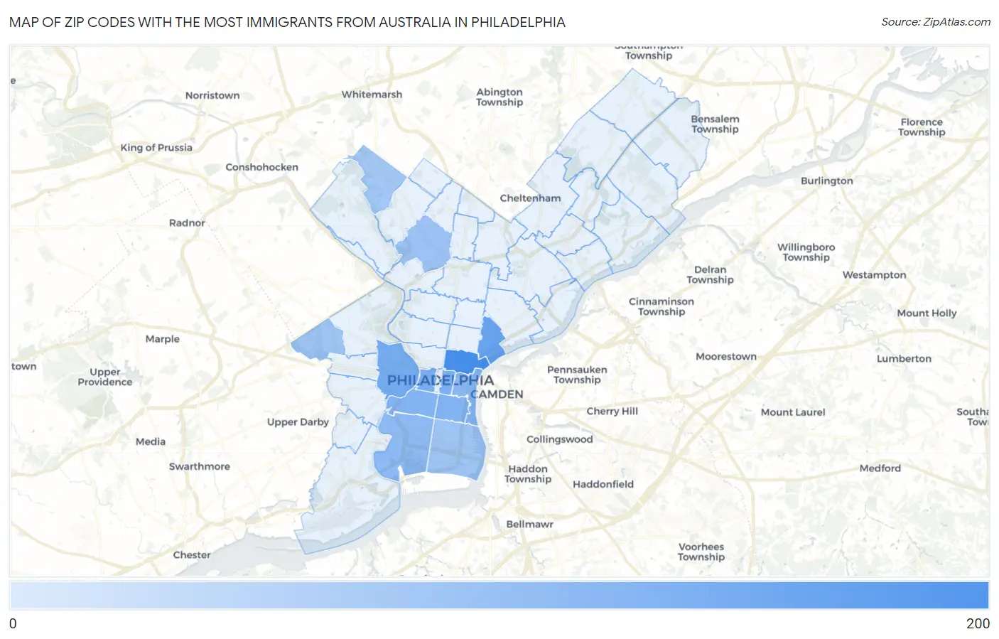 Zip Codes with the Most Immigrants from Australia in Philadelphia Map
