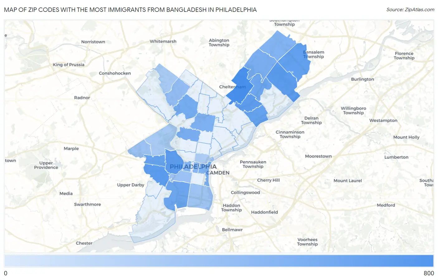 Zip Codes with the Most Immigrants from Bangladesh in Philadelphia Map