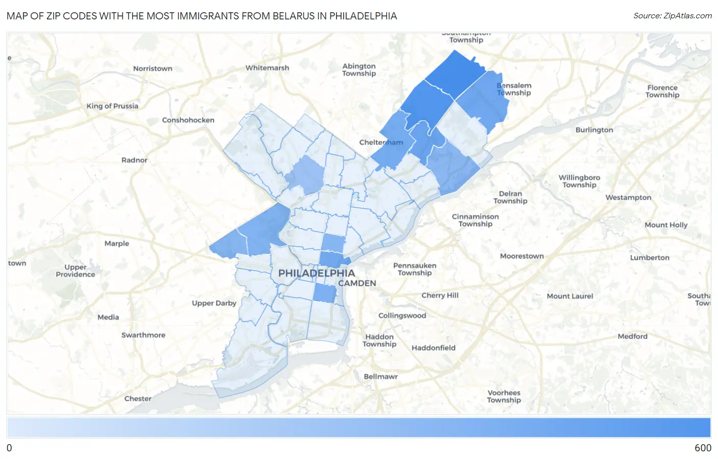 Zip Codes with the Most Immigrants from Belarus in Philadelphia Map