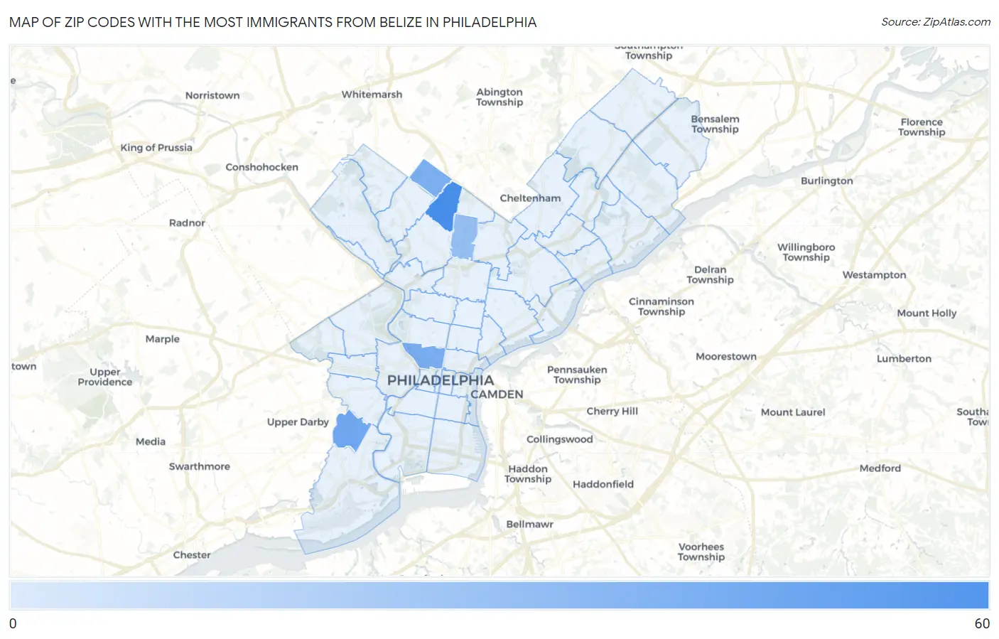 Zip Codes with the Most Immigrants from Belize in Philadelphia Map