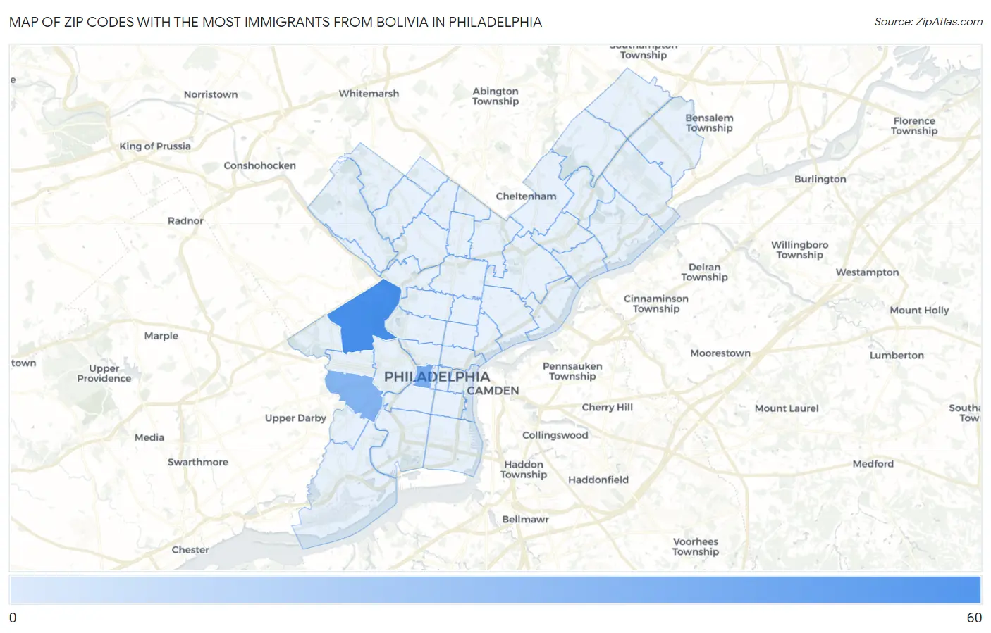 Zip Codes with the Most Immigrants from Bolivia in Philadelphia Map