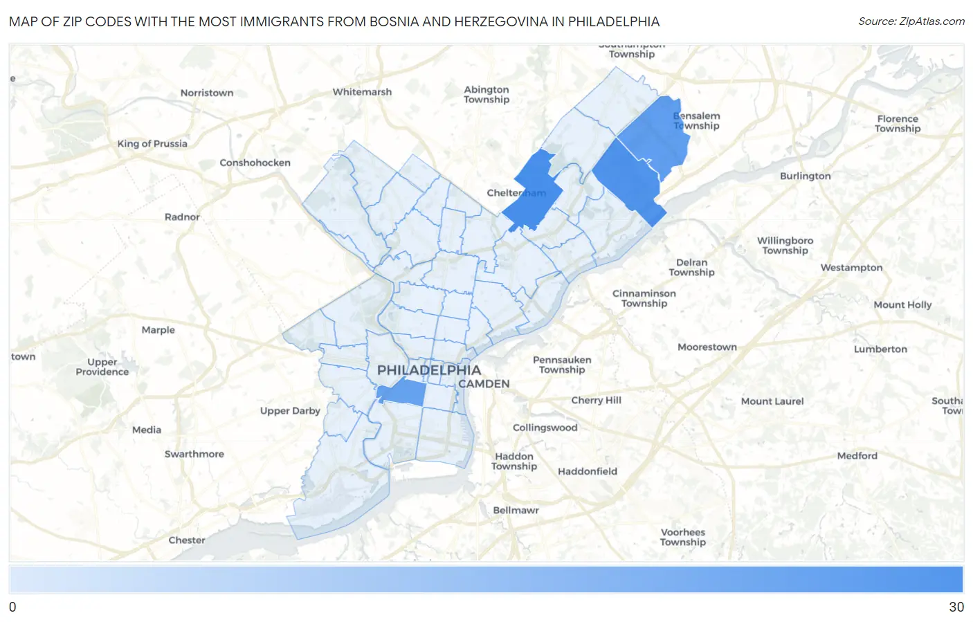 Zip Codes with the Most Immigrants from Bosnia and Herzegovina in Philadelphia Map