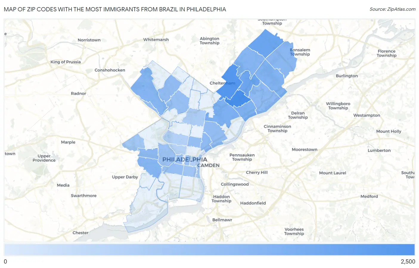 Zip Codes with the Most Immigrants from Brazil in Philadelphia Map