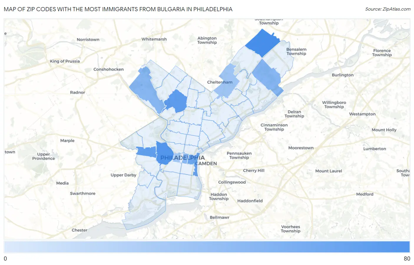 Zip Codes with the Most Immigrants from Bulgaria in Philadelphia Map