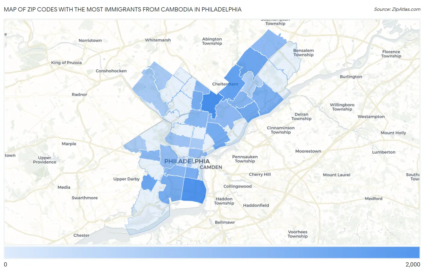 Zip Codes with the Most Immigrants from Cambodia in Philadelphia Map