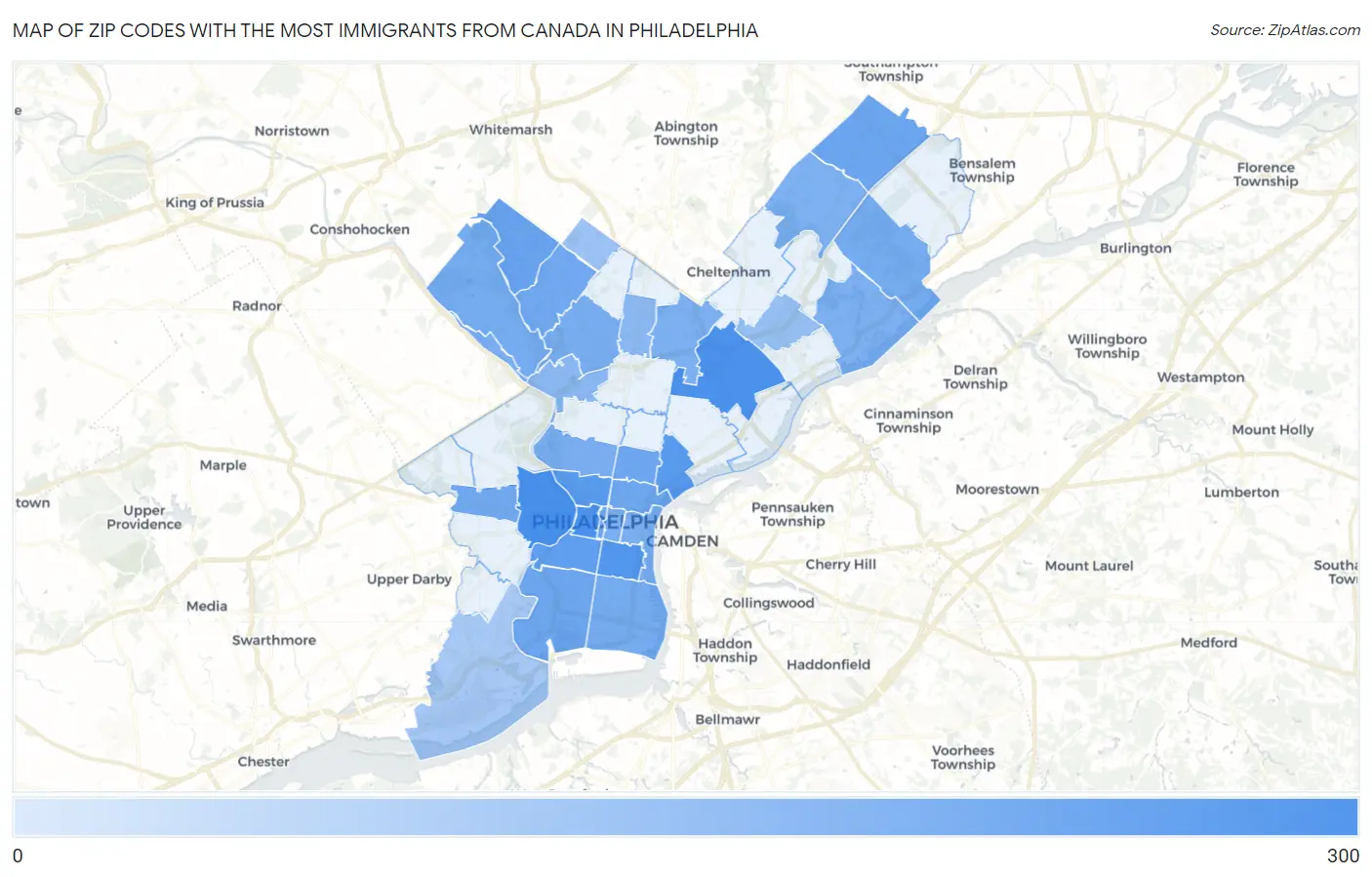 Zip Codes with the Most Immigrants from Canada in Philadelphia Map