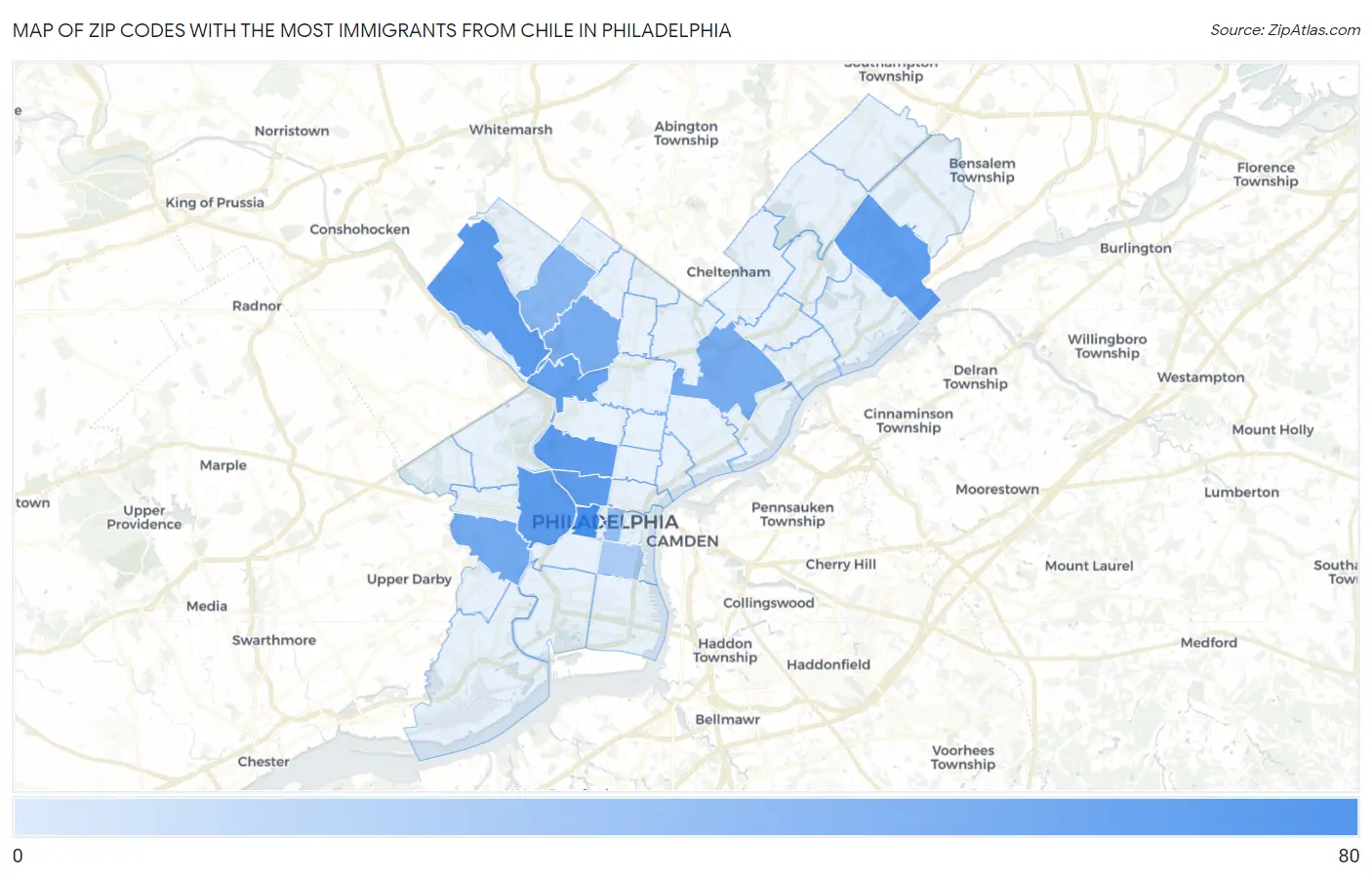 Zip Codes with the Most Immigrants from Chile in Philadelphia Map
