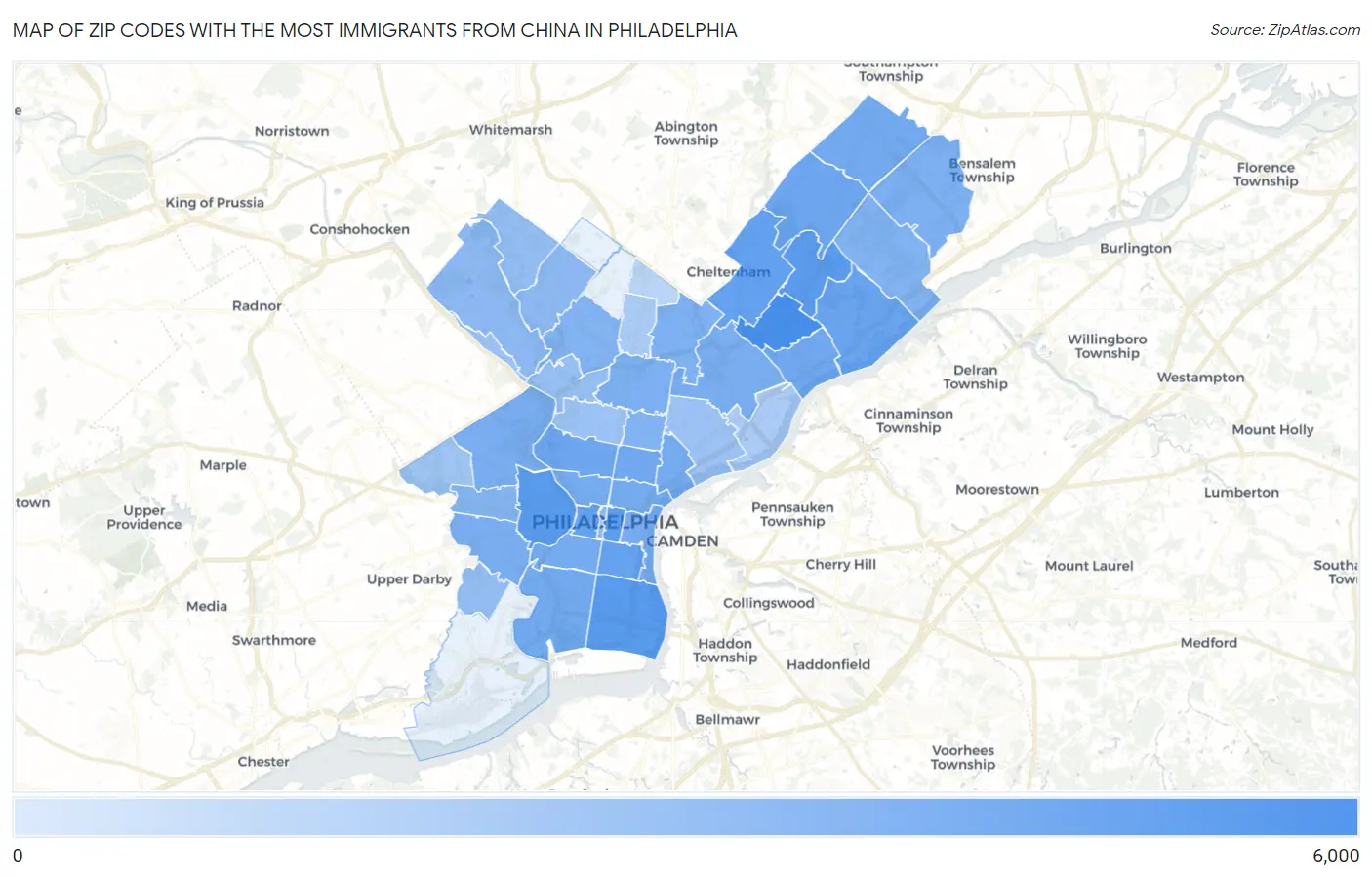 Zip Codes with the Most Immigrants from China in Philadelphia Map