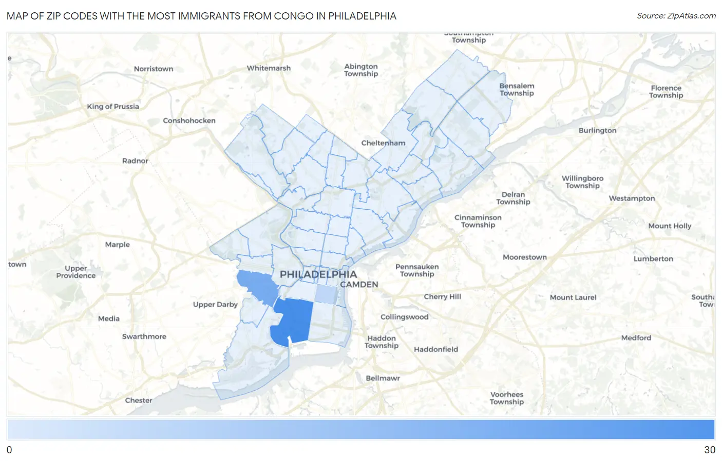 Zip Codes with the Most Immigrants from Congo in Philadelphia Map