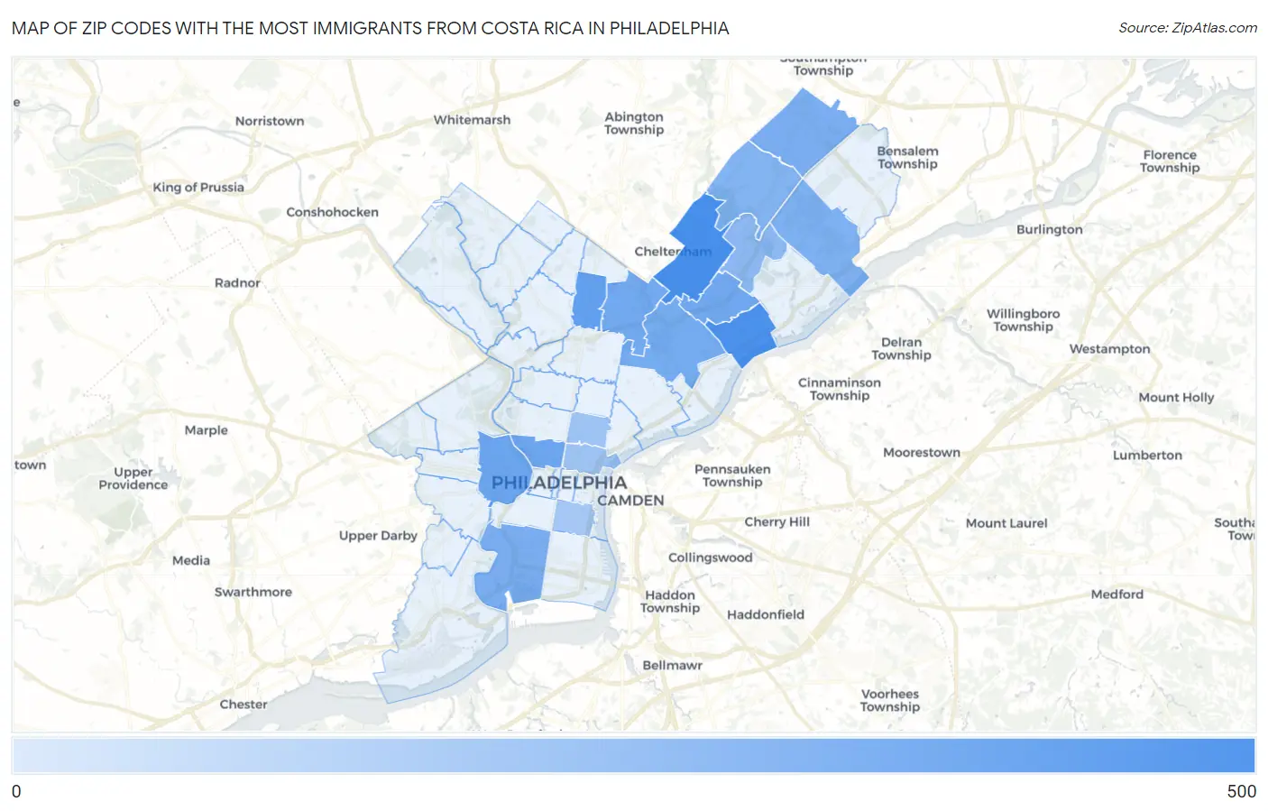 Zip Codes with the Most Immigrants from Costa Rica in Philadelphia Map