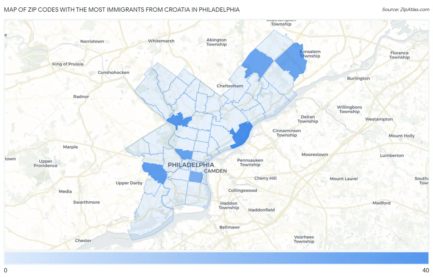 Zip Codes with the Most Immigrants from Croatia in Philadelphia Map