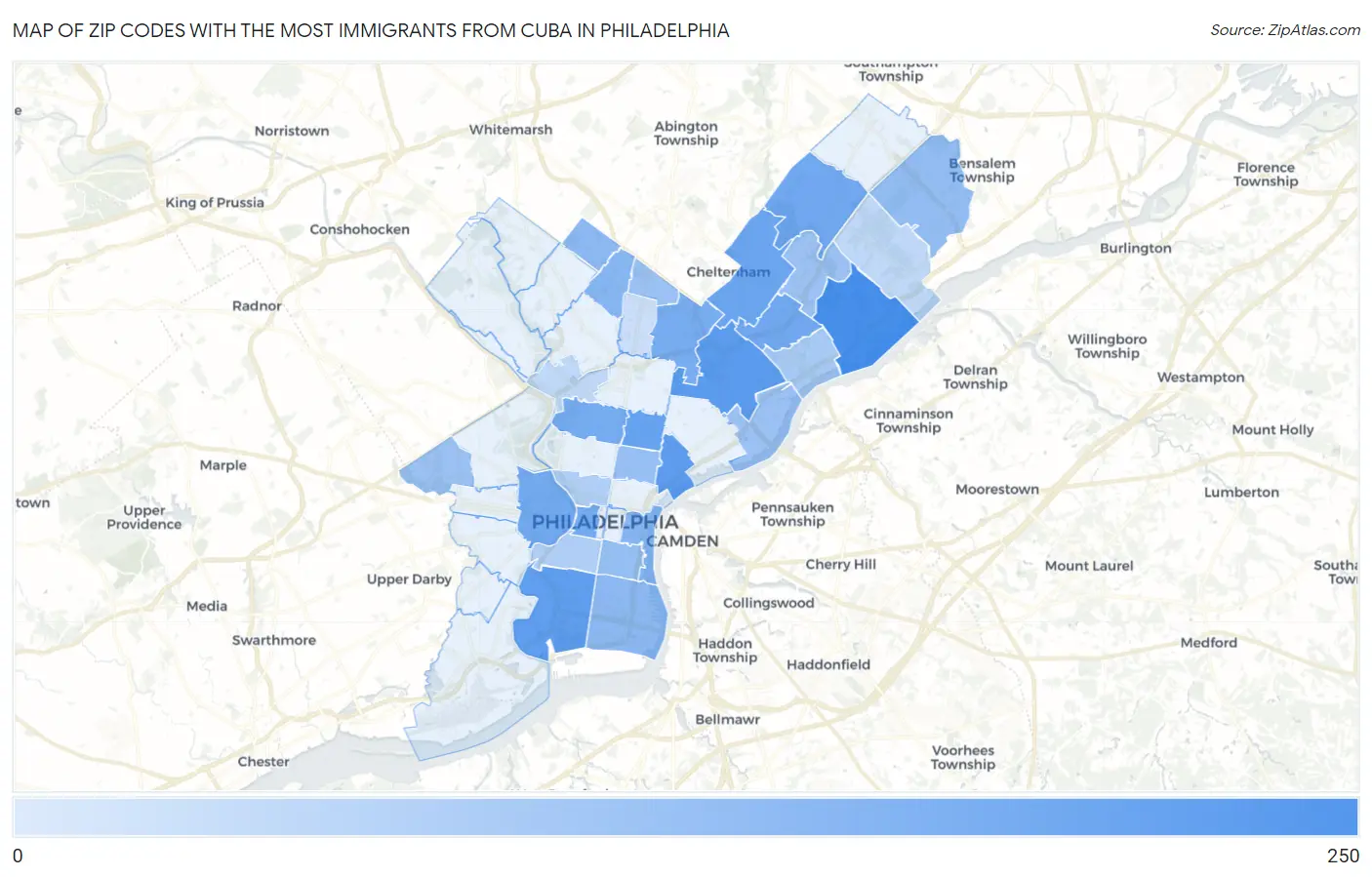 Zip Codes with the Most Immigrants from Cuba in Philadelphia Map