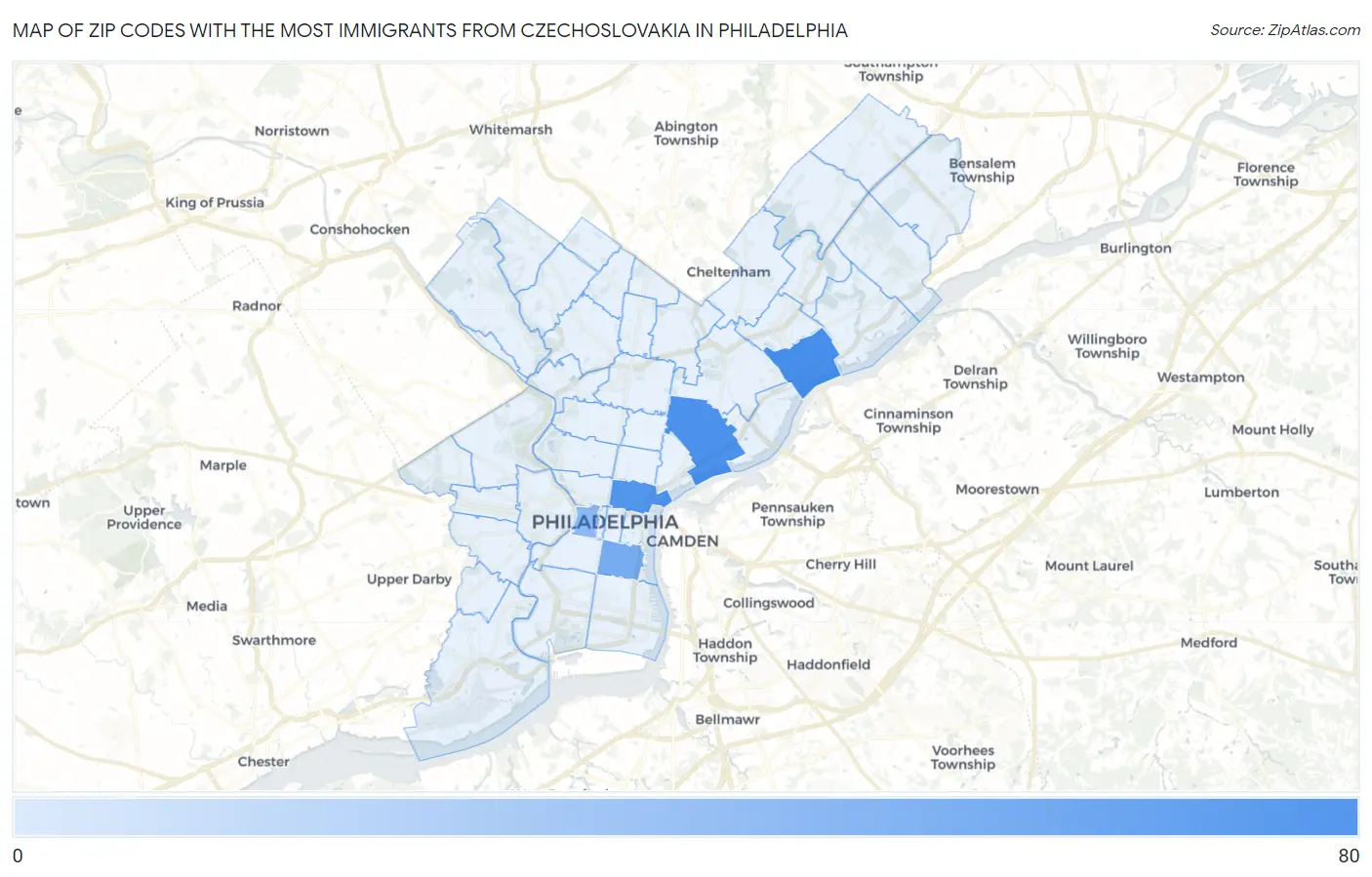 Zip Codes with the Most Immigrants from Czechoslovakia in Philadelphia Map