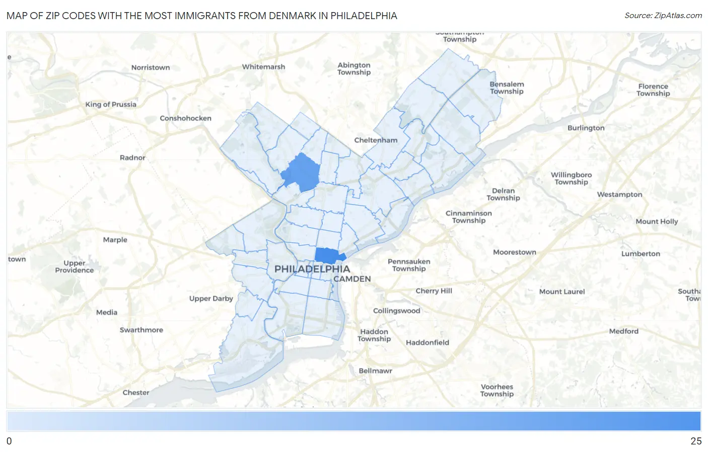 Zip Codes with the Most Immigrants from Denmark in Philadelphia Map
