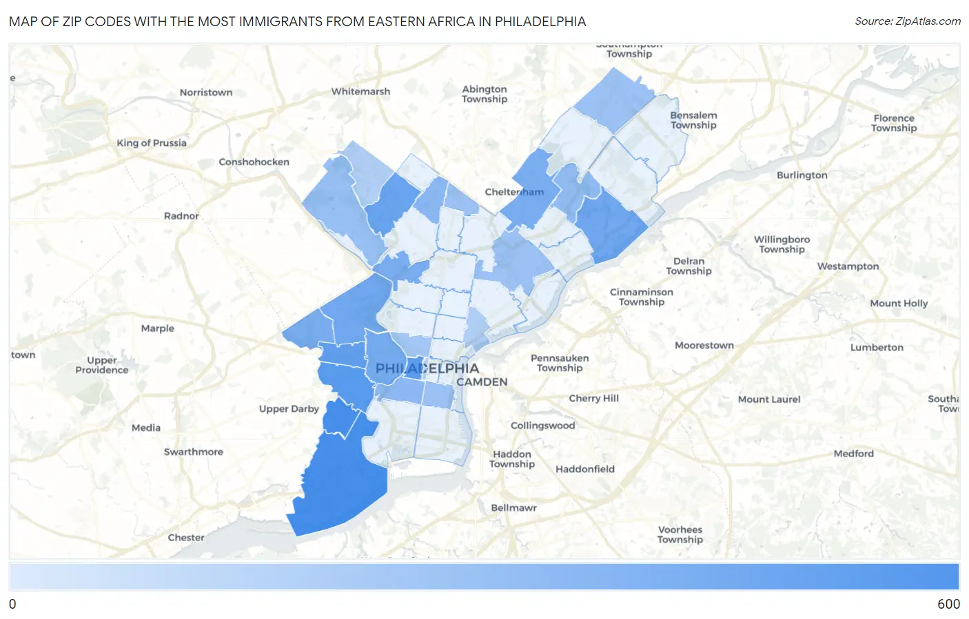 Zip Codes with the Most Immigrants from Eastern Africa in Philadelphia Map