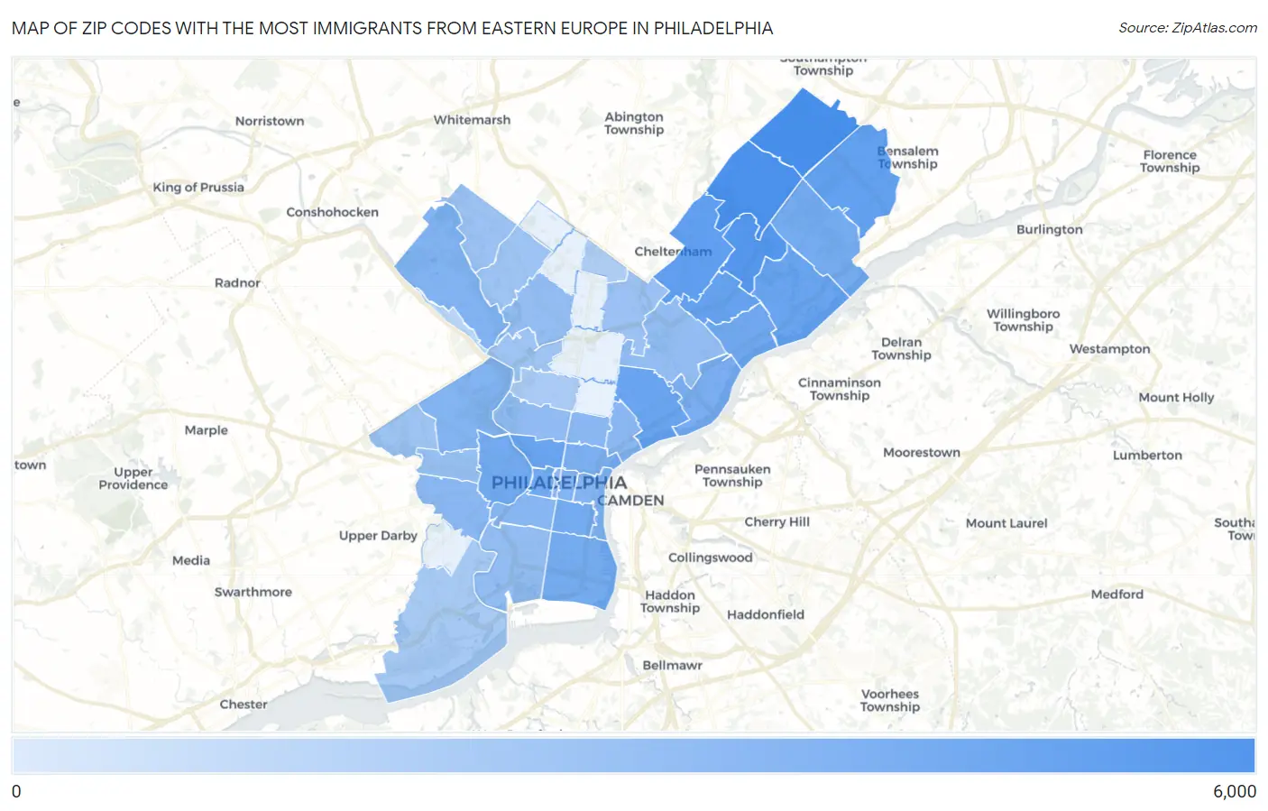 Zip Codes with the Most Immigrants from Eastern Europe in Philadelphia Map