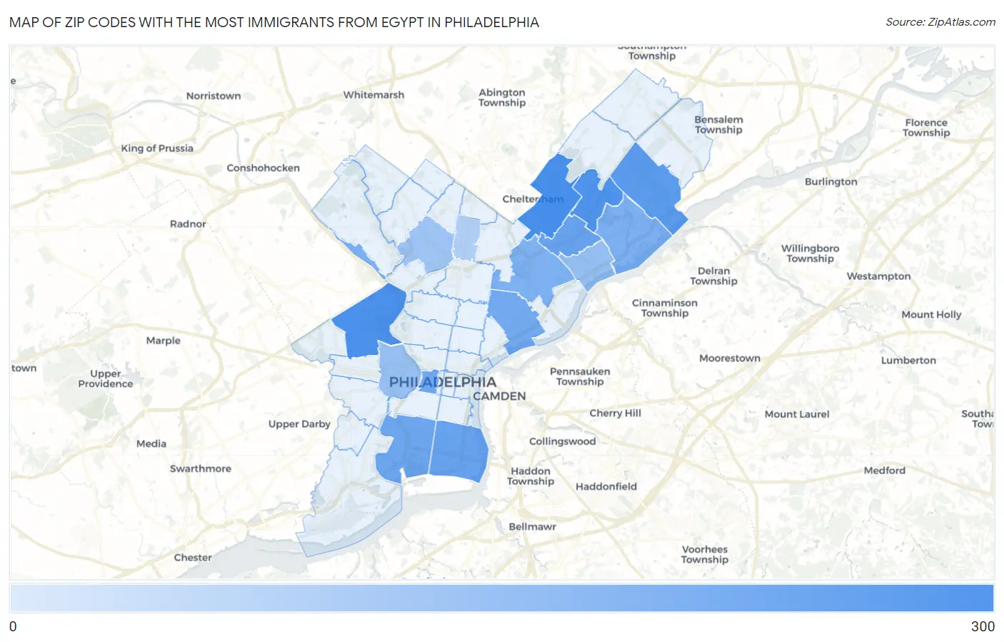 Zip Codes with the Most Immigrants from Egypt in Philadelphia Map