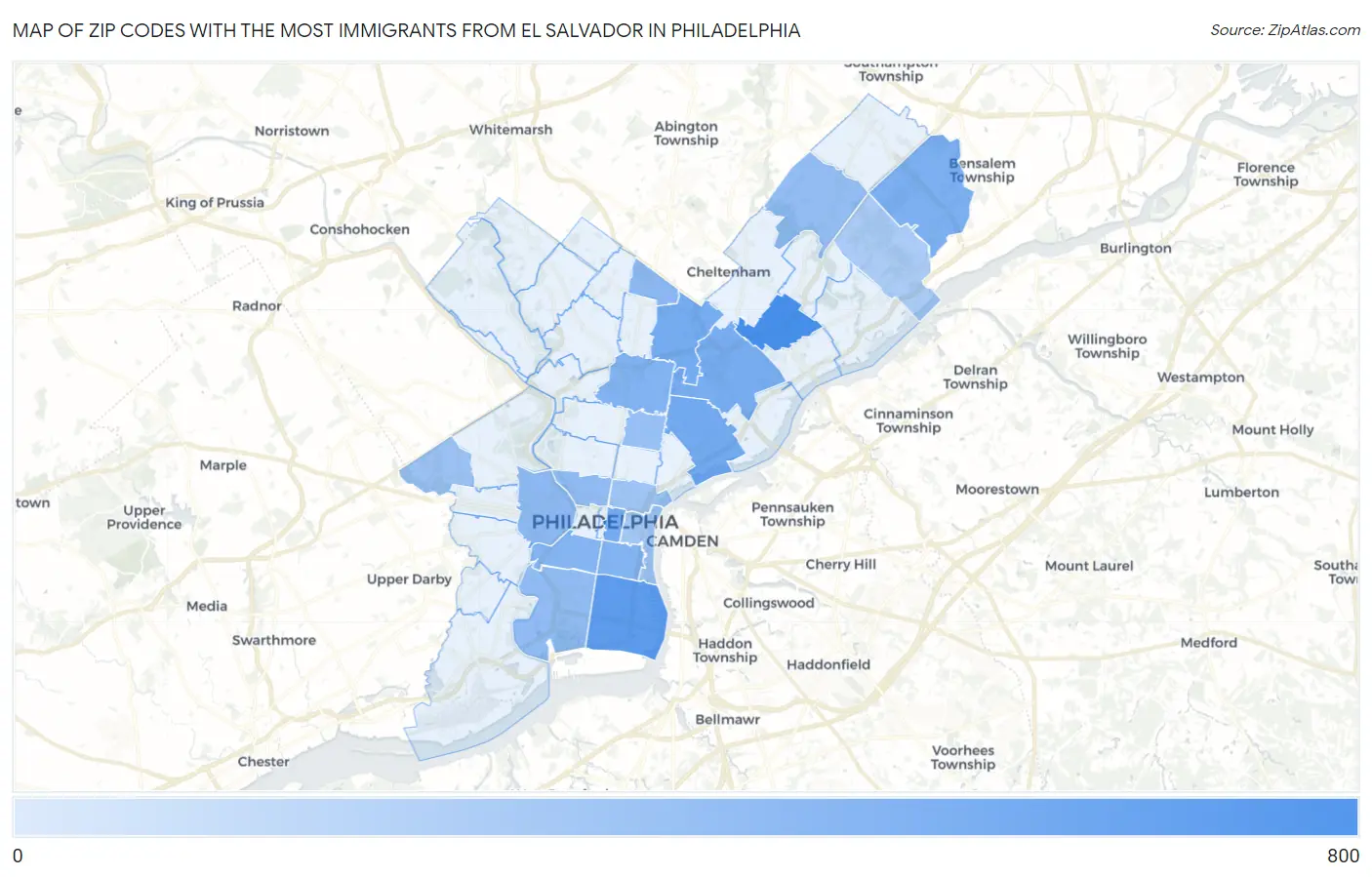 Zip Codes with the Most Immigrants from El Salvador in Philadelphia Map