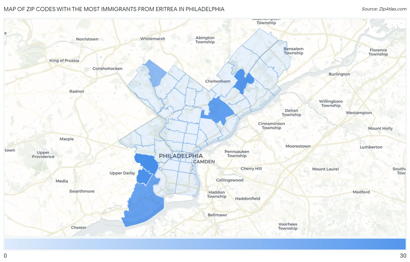 Zip Codes with the Most Immigrants from Eritrea in Philadelphia Map