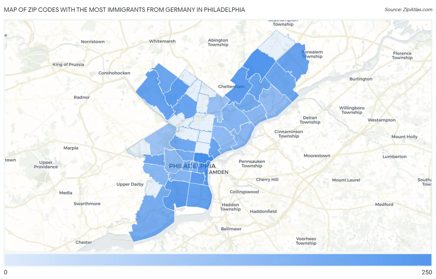 Zip Codes with the Most Immigrants from Germany in Philadelphia Map