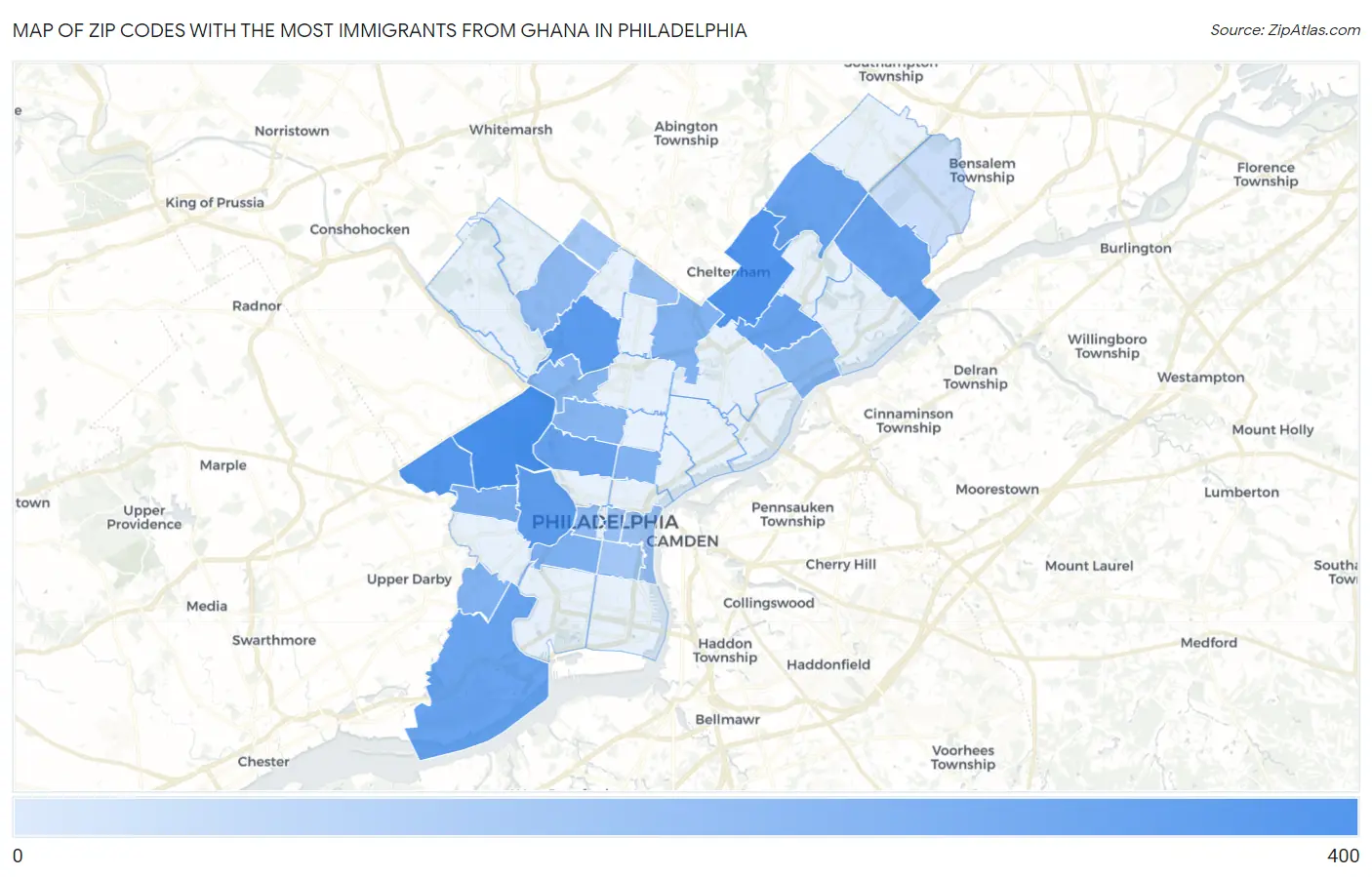 Zip Codes with the Most Immigrants from Ghana in Philadelphia Map