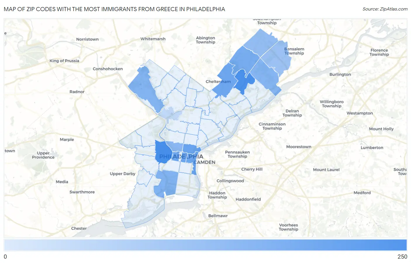 Zip Codes with the Most Immigrants from Greece in Philadelphia Map